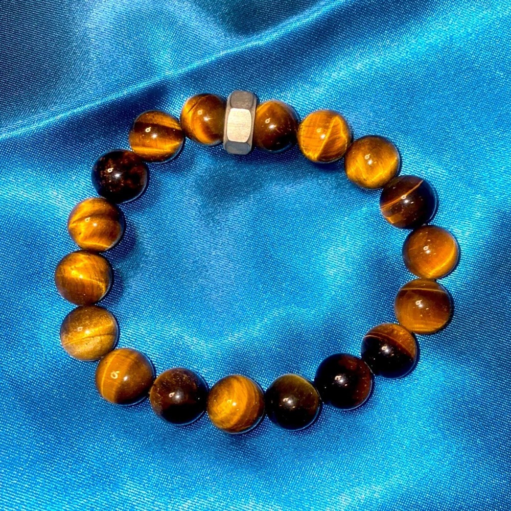 Unisex Tiger Eye Gemstone & Nut BeadedBracelet ≈8”